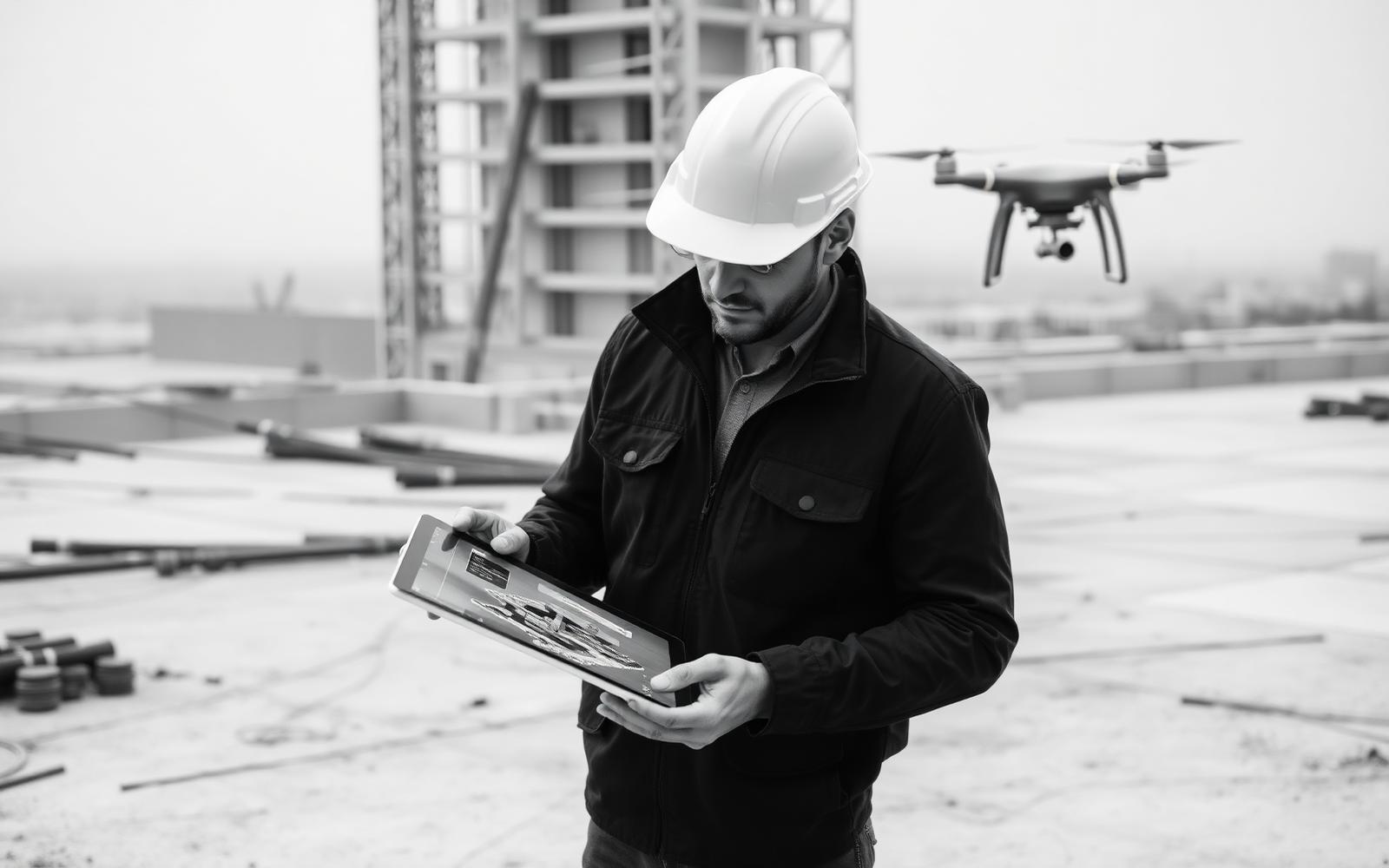 Ingeniero revisando un modelo BIM en tableta durante un vuelo de dron